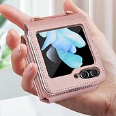 お買い得  サムスン用ケース-電話 ケース 用途 Zフリップ6 Z Flip 5 Z Flip 4 Z Flip 3 バックカバー ストラップ付き カード挿入口 耐衝撃 レトロ風 TPU PUレザー