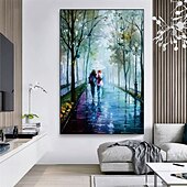 preiswerte Landschaftsgemälde-Ölgemälde eines Liebespaares, handgefertigt, regnendes Ölgemälde eines Liebespaares – handgemaltes impressionistisches Ölgemälde der Pariser Liebenden auf Leinwand, Ölgemälde mit Spachtelkunst, das