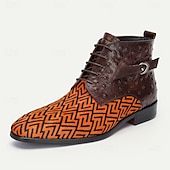 cheap Premium Leather Boots-Men&#039;s Premium Cowhide Leather with Pony Hair Ankle Boots - Geometric Pattern Lace-Up Stylish Casual &amp; Formal Shoes