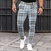 billiga Smal-Herr Rutig Kostymbyxor Medium Midja Business Casual Formell Vardag Dragkedja Ficka Sommar Vår Höst 3D-tryck Blå Khaki grön Ljusgrå