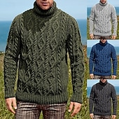baratos suéter pulôver masculino-Homens Pulôver suéter Suéter de malha Pulôver masculino gola alta Estriado Cabo Tricotar Padrão Tricotado Tecido Gola Alta Moda Básico Roupa Diária Encontro Roupa Outono &amp; inverno Verde Tropa Azul