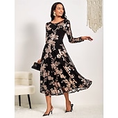 cheap Cocktail Dress-Women&#039;s A-Line Midi Dress Long Sleeve Sequins Floral Elegant Black Semi-Formal Sparkly Shimmer Skirt Round Neckline Wedding Party Theater Event Spring Fall Fashion Clothing Apparel S M L XL XXL