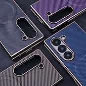 お買い得  サムスン用ケース-電話 ケース 用途 Zフォールド6 Z Fold 5 Z Fold 4 Z Fold 3 バックカバー スタンド付き 磁石バックル ワイヤレス充電をサポート レトロ風 カーボンファイバー 仕上げ