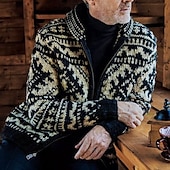 halpa miesten neuletakki-Miesten Jacquard villapaita Neuletakki Rajattu villapaita Neulottu villapaita Joustin Virkkaus Neuloa Normaali Kudottu Jakardi vinoneliö Pystykaulus Muoti Klassinen Arki-asut Deitti Vaatetus Syystalvi