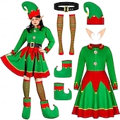 billiga Vuxna juldräkter-Alf Kläder Fin julklänning Julkostym Dam Jul Nyår julafton Jul Vuxen Fest Jul Klänning Skärp Strumpor Skor Hatt