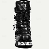 cheap Premium Leather Boots-Men's Black Gothic Steampunk Combat Boots with Skull Buckle Accents - Premium Cowhide Leather for Cosplay and Biker Style
