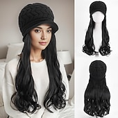 abordables Pelucas sintéticas de moda-Gorro con peluca y extensiones de pelo largo y ondulado, gorro de punto con pompón para mujer, color negro, para invierno