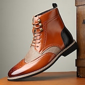 baratos Botas de vestir-Botas masculinas vintage brogue ankle boots - couro sintético marrom e preto com painel de tweed, design clássico de cadarço para ocasiões formais e casuais, botas sociais estilo retrô