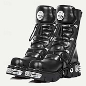 cheap Premium Leather Boots-Men's Black Gothic Steampunk Combat Boots with Skull Buckle Accents - Premium Cowhide Leather for Cosplay and Biker Style