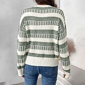 billiga Grafiska mönster och detaljer-Dam Tröja Elegant Mode Dagligen Färgblock Randig Rund hals Stickat Strukturerad Långärmad Vanliga toppar Sticka Helgen Grön Höst Vinter