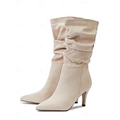 billiga Slouch Boots-damstövlar i brun mocka med mitten av vaden - eleganta stilettklackar med spetsiga tå, perfekta för höstens fritids- och festkläder