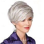 economico parrucca più vecchia-parrucca alla moda da donna, capelli sintetici grigi argentati, parrucche corte, parrucca riccia, parrucche sintetiche naturali soffici per l&#039;uso quotidiano alle feste