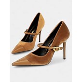 cheap Formal-Women&#039;s Burgundy Velvet Pointed Toe Stiletto Heels – Elegant High Heels with Gold Buckle for Formal and Evening Wear