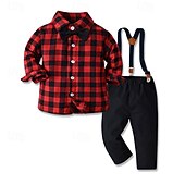 billige Guttens formelle drakt-2 deler Ringbærerdress Barn Unisex Barn Skjorte og bukse T-skjorte og Legging Formell Fest Daglig Grunnleggende Skånsom Ruter Vin Rød Bomull