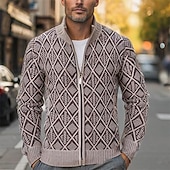 preiswerte Herren Strickjacke-Herren Strickjacke Zip Pullover Reißverschluss Grobstricken Stricken Standard Zip Tasche Geometrisch Stehkragen Strickware Elegant Heim Arbeit Bekleidung Bischof Frühling Herbst Schwarz Marineblau M