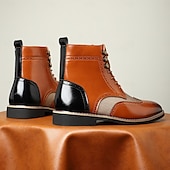 baratos Botas de vestir-Botas masculinas vintage brogue ankle boots - couro sintético marrom e preto com painel de tweed, design clássico de cadarço para ocasiões formais e casuais, botas sociais estilo retrô
