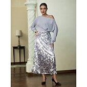 cheap Women&#039;s Skirt-Sequin Silver Party Midi Skirt