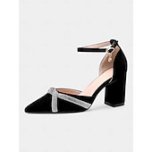 preiswerte Halbformell-Schwarze Pumps mit Blockabsatz für Damen mit Strass-überkreuztem Riemchen und Fußkettchen – elegante Schuhe mit spitzer Spitze für formelle Anlässe