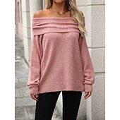 voordelige Effen kleuren-Dames Trui Streetwear Dagelijks Casual Effen Kleur Wijde col Gebreid Lange mouw Normale tops breien Werk Blozend Roze Khaki Herfst Winter