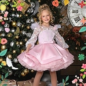 baratos Vestidos de Festa-Infantil Para Meninas Vestido de festa Côr Sólida Manga Longa Espetáculo Com Transparência Princesa Doce Com Transparência Longuette Vestido da bainha Vestido De Tule Verão Primavera Outono Crianças