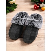 baratos Chinelos de mulher-chinelos femininos confortáveis com forro de lã xadrez - chinelos de casa com padrão xadrez de búfalo vermelho e preto com gola de pele sintética para conforto no inverno