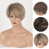economico parrucca più vecchia-parrucche bionde corte per donne parrucche bionde con taglio pixie con frangia parrucche corte lisce a strati parrucche bionde chiare sintetiche dall&#039;aspetto naturale
