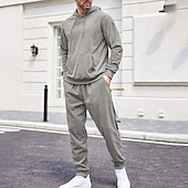 cheap Basic Tracksuits-Men's Sweatshirt Tracksuit Sweatsuit Black Army Green Red Navy Blue Light Grey Hooded Plain Drawstring 2 Piece Sports &amp; Outdoor Daily Holiday Streetwear Basic Casual Winter Spring &amp;  Fall Clothing