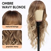 abordables Perruques Synthétiques Sans Bonnet-perruque longue ondulée avec frange pour femmes blanches perruques féminines d&#039;aspect naturel avec racines foncées perruque de cheveux en fibre synthétique pour une utilisation quotidienne en soirée