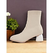preiswerte Stiefeletten-beigefarbene Sock-Stiefeletten für Damen mit metallischem Blockabsatz – elastisches Strickgewebe und modernes Design für lässige und stylische Looks