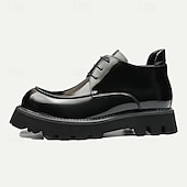 baratos Botas de couro premium-Botas masculinas de couro envernizado marrom com cadarço grosso - sapatos sociais casuais de grife com sola robusta para moda urbana