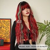economico Parrucche trendy sintetiche-parrucca sintetica ondulata rossa con riflessi verdi per donna - parrucche ad alta densità - resistente al calore, lunga durata, aspetto naturale, perfetta per le feste di Natale