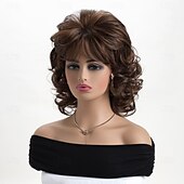 abordables perruque plus âgée-perruque synthétique bouclée avec frange perruque fabriquée à la machine cheveux synthétiques courts bruns pour femmes mode douce facile à transporter