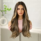 abordables Perruques Synthétiques Sans Bonnet-Perruque Synthétique Bouclé Ondulé Partie médiane Fabriqué à la machine Perruque 26 pouces Noir / Brun Cheveux Synthétiques Femme Mignon Cosplay Soirée Blond