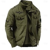 baratos jaquetas e casacos gráficos masculinos-jaqueta militar bordada de algodão masculina, jaqueta cargo com alças, manga comprida, gola alta, casaco com vários bolsos, jaqueta caminhoneiro, estampa act my age, agasalho tático