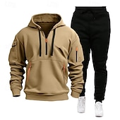 cheap Basic Tracksuits-Men&#039;s Hoodie Tracksuit Sweatsuit Quarter Zip Hoodie Black Navy Blue Khaki Light Grey Hooded Half Zip Plain Pocket 2 Piece Sports &amp; Outdoor Daily Holiday Polyester Streetwear Basic Casual Spring