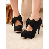 levne Block Heels-dámské semišové lodičky s červenou mašlí - retro lodičky na platformě na jehlovém podpatku, ideální pro looky inspirované vintage, večírky a zvláštní příležitosti