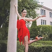 abordables Tenues de danse latine-robe de concours de danse latine pour femmes, robe à pampilles sans manches pour rumba salsa chacha