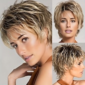 economico parrucca più vecchia-parrucche corte castane bionde con mèches e frangia, parrucche sintetiche a strati per donne, parrucche sostitutive per capelli naturali