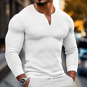 cheap Waffle Knit Tee-Men&#039;s Waffle Shirt T Shirt Tee Top Long Sleeve Shirt Long Sleeve V Neck Spring &amp;  Fall Plain Fashion Designer Basic V Neck Vacation Street Going out Black White Gray Top Tee for Men