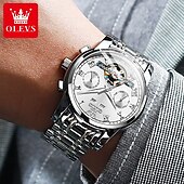 お買い得  機械式腕時計-OLEVSトップブランド 自動機械式時計 メンズ ラグジュアリー スケルトン フライホイール ステンレススチール 防水 ビジネス腕時計 6607