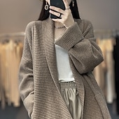 お買い得  オープンフロントカーディガン-女性用 カーディガン 日常 純色 オープンフロント ニット 長袖 ロングトップス ニット ワーク キャメル ダックグレー 秋 冬