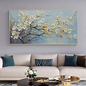 billiga Blom- och växtmålningar-handmåla 3d blomma oljemålning på duk vit körsbärsblomma stor väggkonst palettkniv målning texturerad akrylmålning handgjord konst utan ram