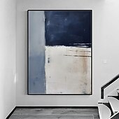 cheap Still Life Paintings-Handpainted White Blue Textured Painting Oversized 3D handmade Abstract Geometric Wall Art painting Large Minimalist black white textured Painting for Living Room bedroom Wall Decor Abstract Art
