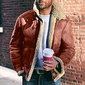 cheap Men&#039;s Jackets &amp; Coats-Men&#039;s Faux Leather Jacket Fleece Jacket Biker Jacket Motorcycle Jacket Daily Vacation Windproof Warm Pocket Fleece Fall &amp; Winter Plain Fashion Classic Lapel Regular Black Red Green Khaki Jacket