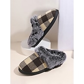 baratos Chinelos de mulher-chinelos femininos confortáveis com forro de lã xadrez - chinelos de casa com padrão xadrez de búfalo vermelho e preto com gola de pele sintética para conforto no inverno