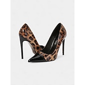abordables Talons Aiguilles-talons aiguilles imprimé léopard pour femmes – escarpins à bout pointu en cuir verni rouge pour fêtes et événements nocturnes