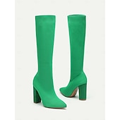 cheap Fashion Boots-Women&#039;s Stretchy Knit Knee-High Boots with Chunky Heels – Elegant Green Fashion Boots for Fall/Winter