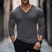billiga Våffelstickad t-shirt-Herr T-shirt T-shirts Våffelstickad t-shirt Långärmad V-hals Vår Höst Vår &amp; Höst Ensfärgat Stickat Dagligen Klassisk Utomhus Casual Ledigt Svart Vinröd Blå Topp t-shirt för män