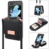 お買い得  サムスン用ケース-電話 ケース 用途 Zフリップ6 Z Flip 5 Z Flip 4 Z Flip 3 バックカバー ストラップ付き カード挿入口 耐衝撃 レトロ風 TPU PUレザー
