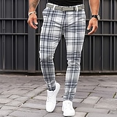 billiga Smal-Herr Rutig Kostymbyxor Medium Midja Business Casual Formell Vardag Dragkedja Ficka Sommar Vår Höst 3D-tryck Svart Grå